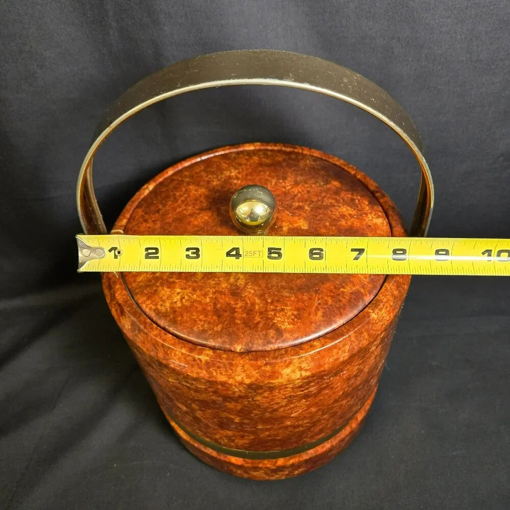 Vintage MCM Faux Burl Wood Ice Bucket w Brass Handle Lid & Tongs Retro Barware